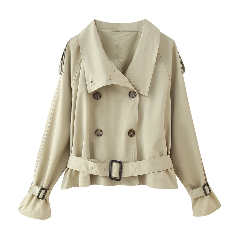 Damen Kurz geschnittener Doppelreiher-Trench mit weitem Schalkragen, taillierendem Gürtel und verstellbaren Ärmelriemen Nord Taschen