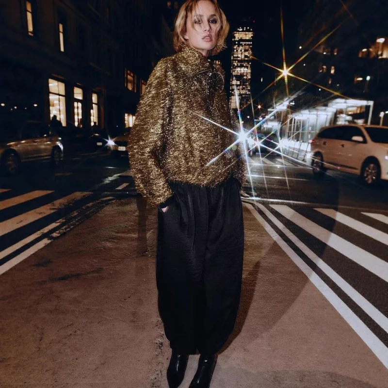 Damen Kurz geschnittener Bouclé-Blouson mit Metallic-Effekt und durchgehendem Reißverschluss Nord Taschen