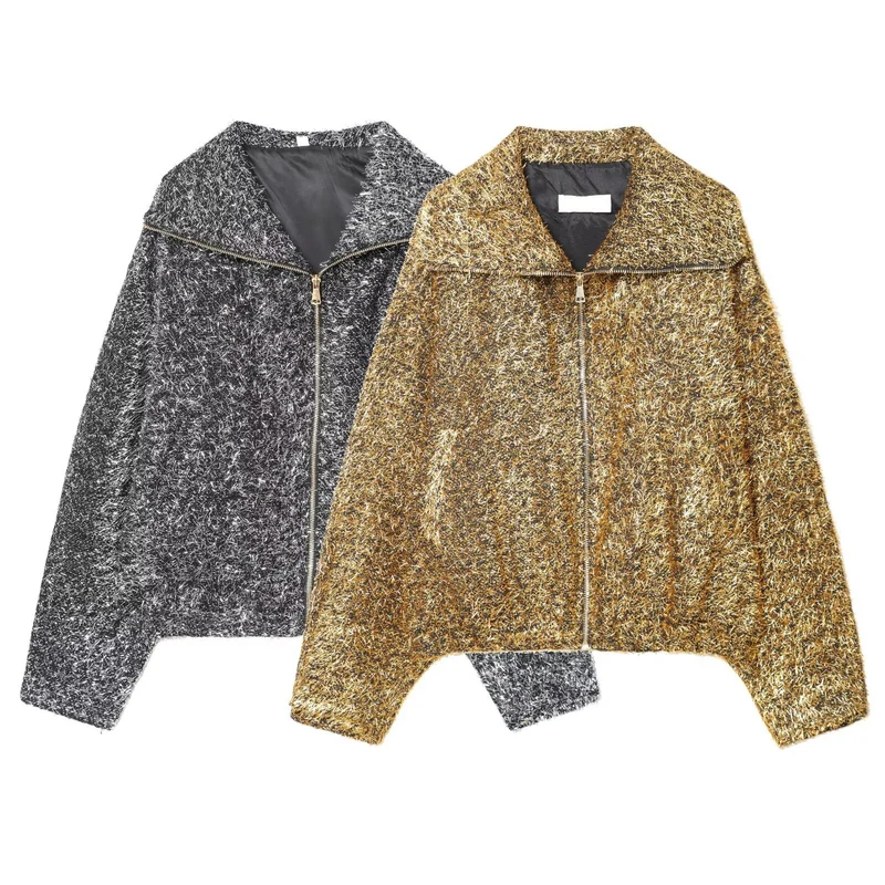 Damen Kurz geschnittener Bouclé-Blouson mit Metallic-Effekt und durchgehendem Reißverschluss Nord Taschen