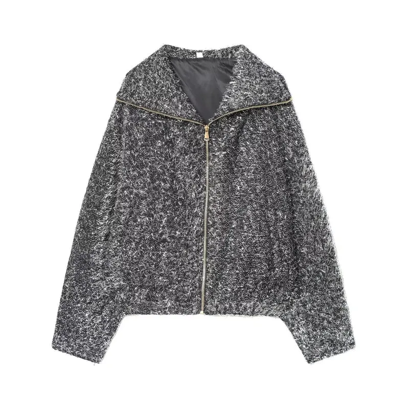 Damen Kurz geschnittener Bouclé-Blouson mit Metallic-Effekt und durchgehendem Reißverschluss Nord Taschen