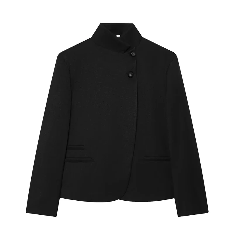 Damen Kurz geschnittener Blazer mit Stehkragen, asymmetrischem Verschluss und Paspeltaschen Nord Taschen