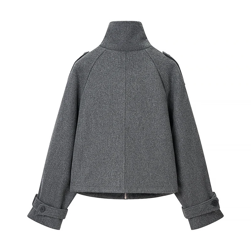 Damen Kurz geschnittene Wollmix-Croppedjacke mit Stehkragen, Schulterklappen und verstellbaren Ärmelriemen Nord Taschen