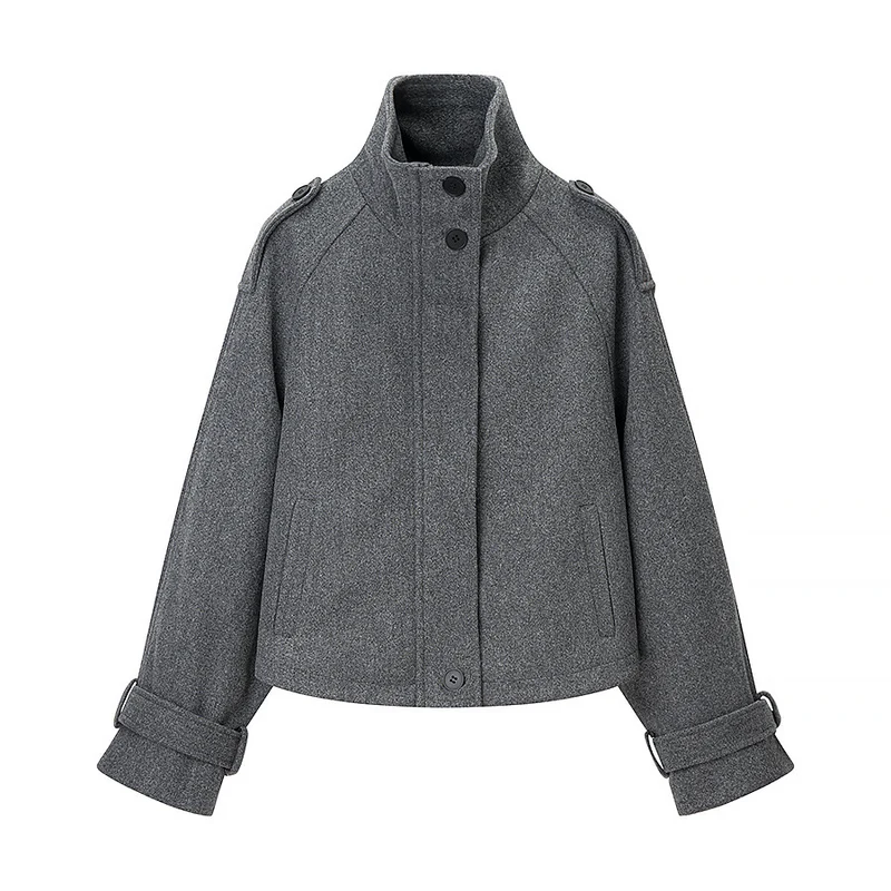 Damen Kurz geschnittene Wollmix-Croppedjacke mit Stehkragen, Schulterklappen und verstellbaren Ärmelriemen Nord Taschen