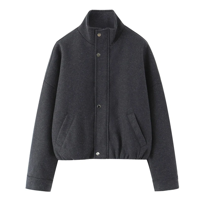 Damen Kurz geschnittene Wollblousonjacke mit Stehkragen, Druckknopfleiste und elastischem Saum Nord Taschen