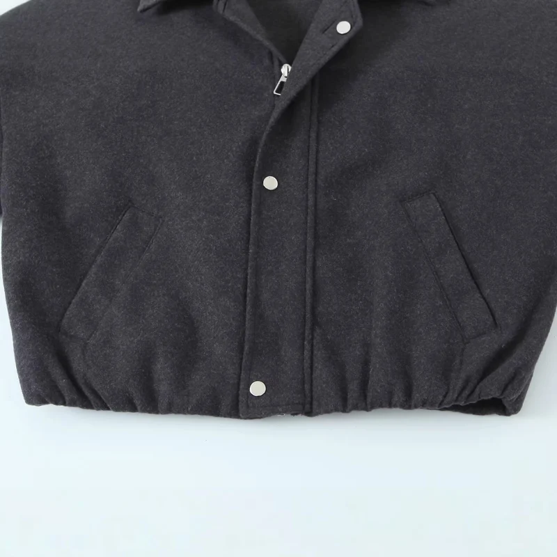 Damen Kurz geschnittene Wollblousonjacke mit Stehkragen, Druckknopfleiste und elastischem Saum Nord Taschen