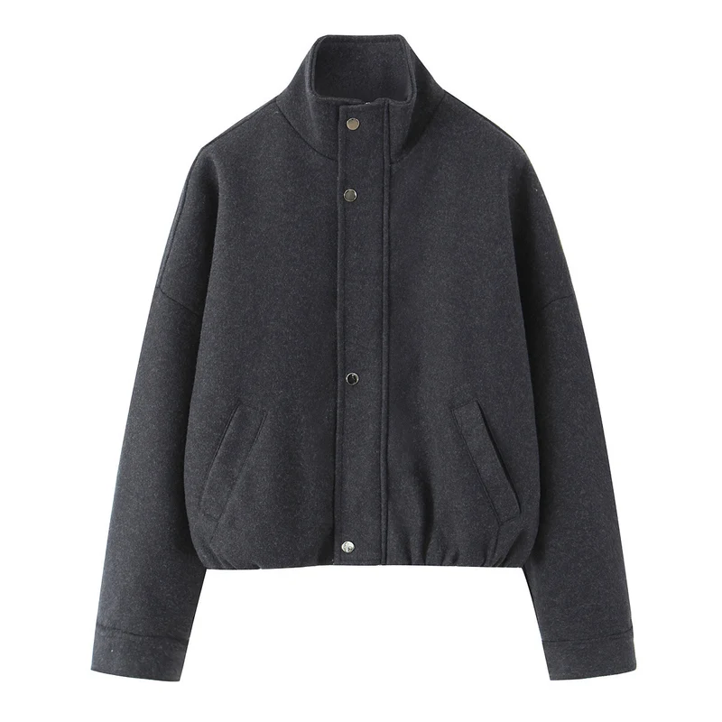 Damen Kurz geschnittene Wollblousonjacke mit Stehkragen, Druckknopfleiste und elastischem Saum Nord Taschen