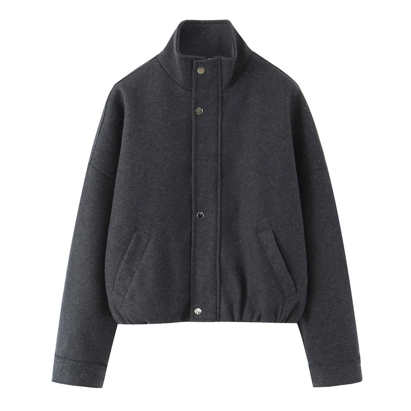 Damen Kurz geschnittene Wollblousonjacke mit Stehkragen, Druckknopfleiste und elastischem Saum Nord Taschen