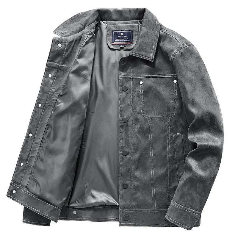 Herren Wildleder-Truckerjacke mit Druckknöpfen und Kontrastnähten Nord Taschen