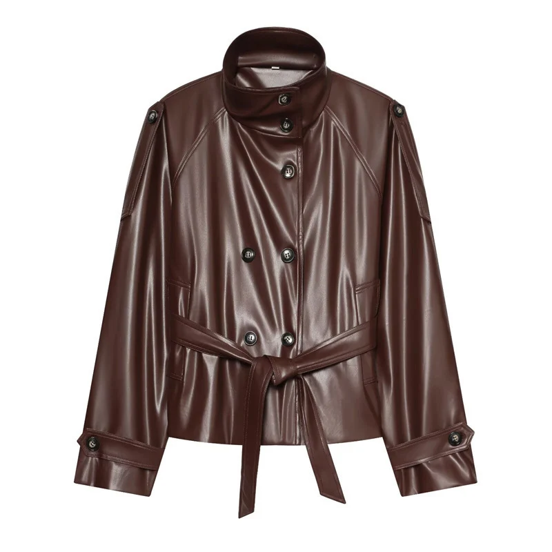 Damen Cropped Kunstlederblouson mit Hochkragen, doppelter Knopfleiste und Bindegürtel Nord Taschen