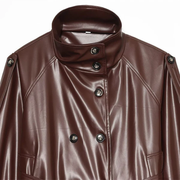 Damen Cropped Kunstlederblouson mit Hochkragen, doppelter Knopfleiste und Bindegürtel Nord Taschen
