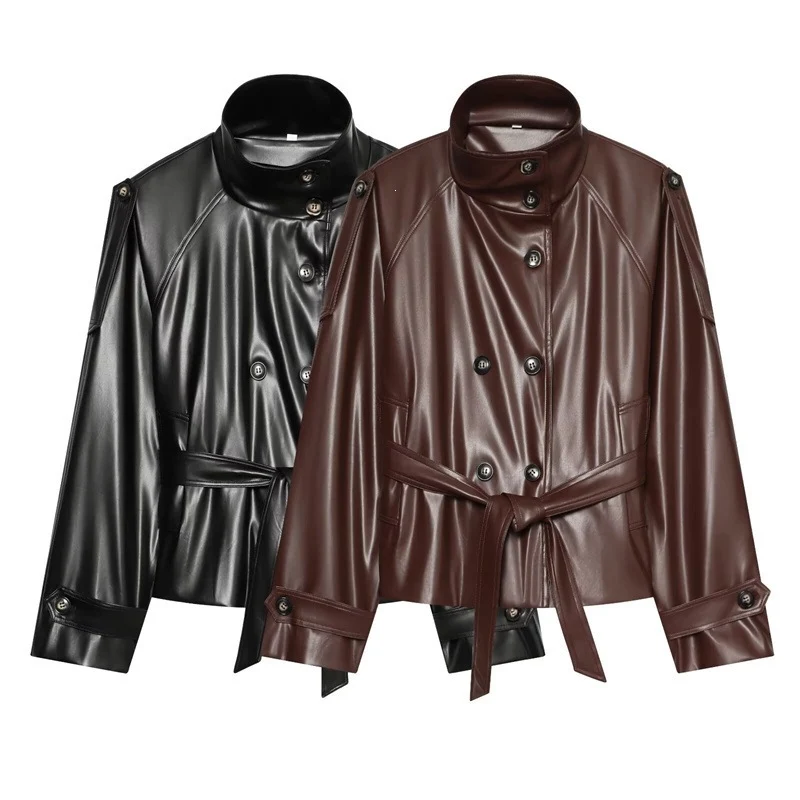 Damen Cropped Kunstlederblouson mit Hochkragen, doppelter Knopfleiste und Bindegürtel Nord Taschen