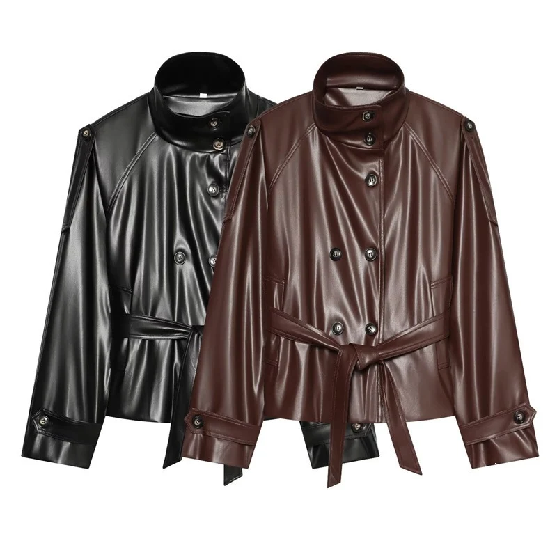 Damen Cropped Kunstlederblouson mit Hochkragen, doppelter Knopfleiste und Bindegürtel Nord Taschen