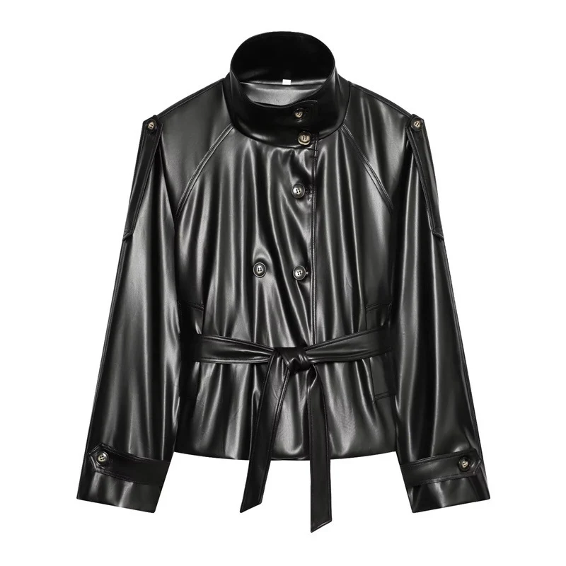 Damen Cropped Kunstlederblouson mit Hochkragen, doppelter Knopfleiste und Bindegürtel Nord Taschen