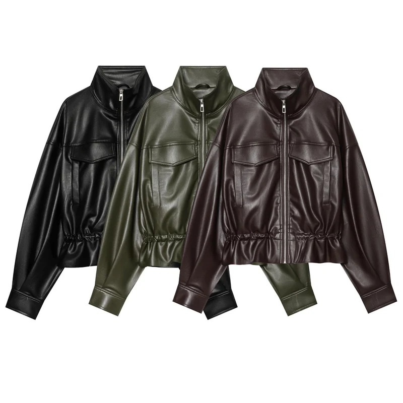 Damen Cropped Kunstleder-Blouson mit Tunnelzug, aufgesetzten Klappentaschen und hohem Stehkragen Nord Taschen