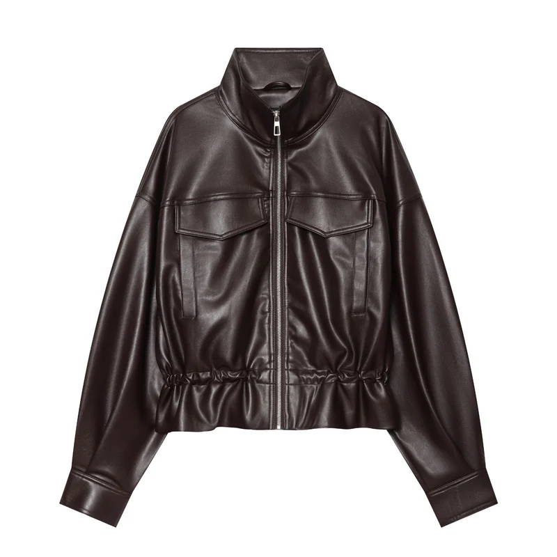 Damen Cropped Kunstleder-Blouson mit Tunnelzug, aufgesetzten Klappentaschen und hohem Stehkragen Nord Taschen