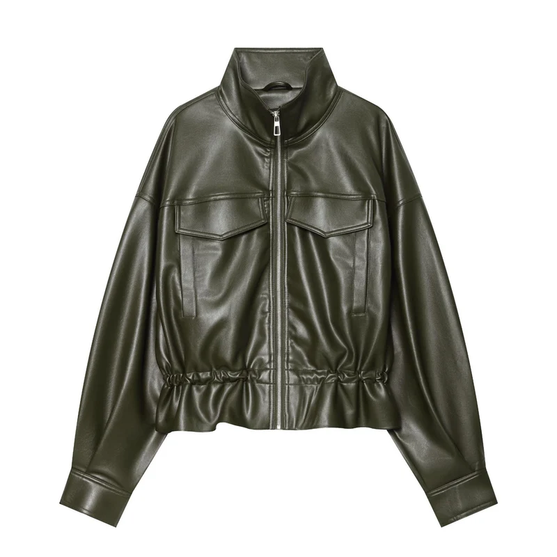 Damen Cropped Kunstleder-Blouson mit Tunnelzug, aufgesetzten Klappentaschen und hohem Stehkragen Nord Taschen