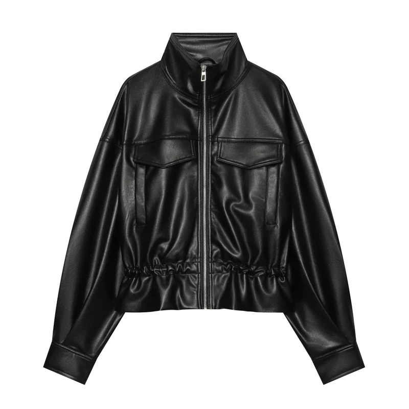 Damen Cropped Kunstleder-Blouson mit Tunnelzug, aufgesetzten Klappentaschen und hohem Stehkragen Nord Taschen