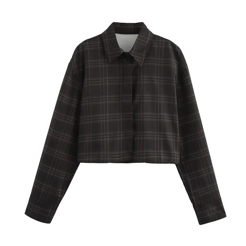 Damen Cropped Kastenförmige Hemdjacke im Karomuster mit verdeckter Knopfleiste Nord Taschen