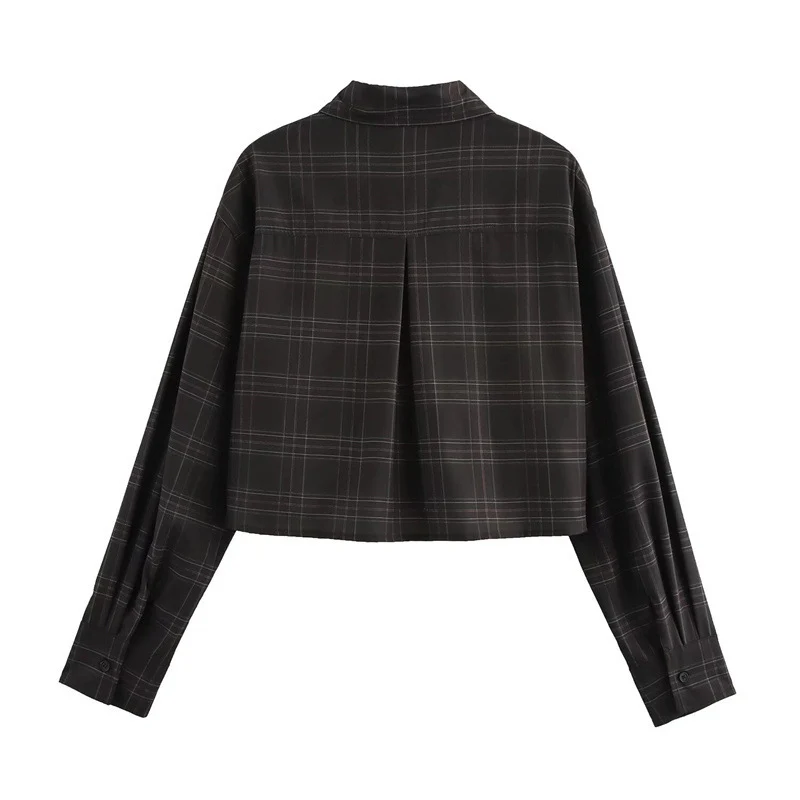 Damen Cropped Kastenförmige Hemdjacke im Karomuster mit verdeckter Knopfleiste Nord Taschen