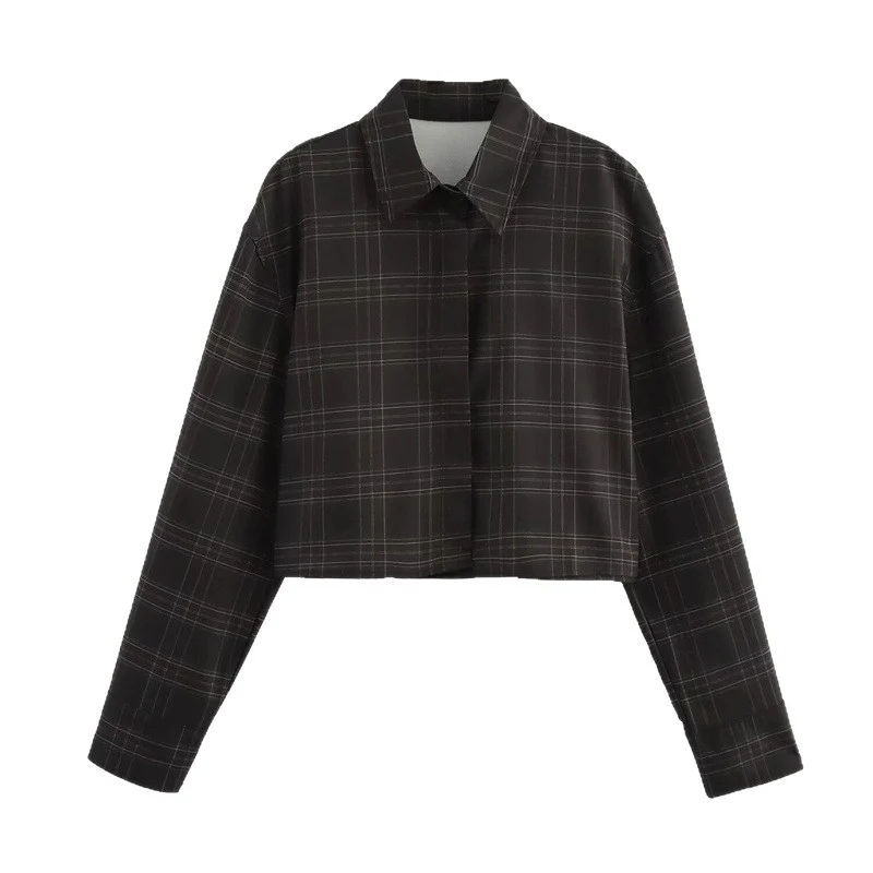 Damen Cropped Kastenförmige Hemdjacke im Karomuster mit verdeckter Knopfleiste Nord Taschen