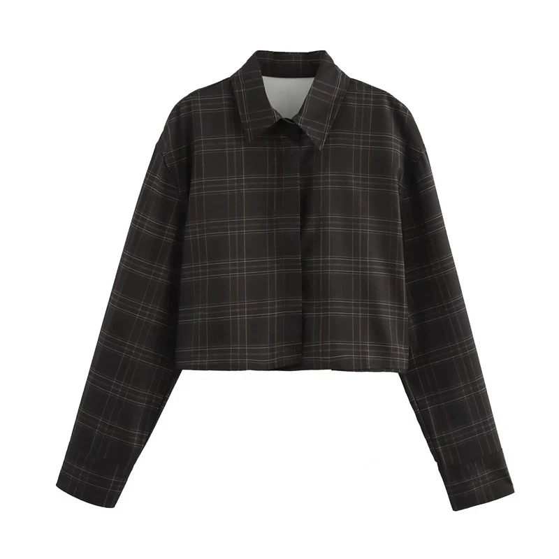 Damen Cropped Kastenförmige Hemdjacke im Karomuster mit verdeckter Knopfleiste Nord Taschen
