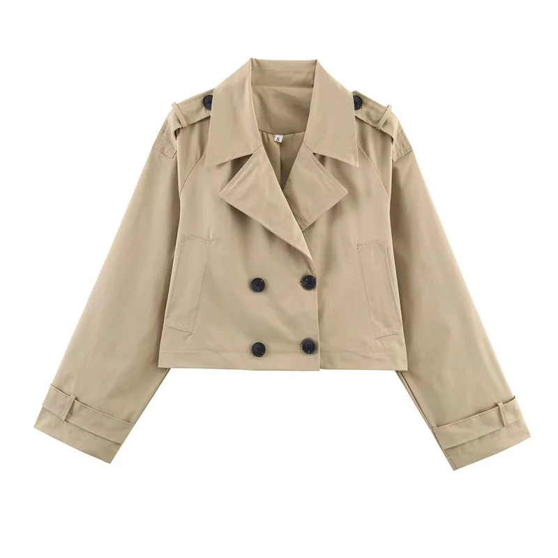 Damen Cropped Doppelreiher-Trenchjacke mit weitem Revers, Epauletten und boxy Schnitt Nord Taschen