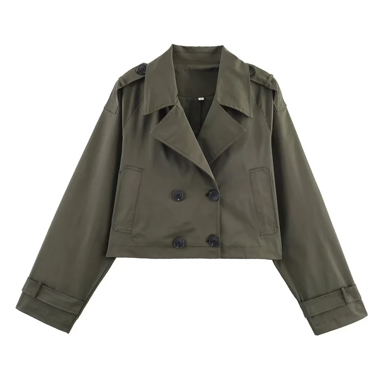 Damen Cropped Doppelreiher-Trenchjacke mit weitem Revers, Epauletten und boxy Schnitt Nord Taschen