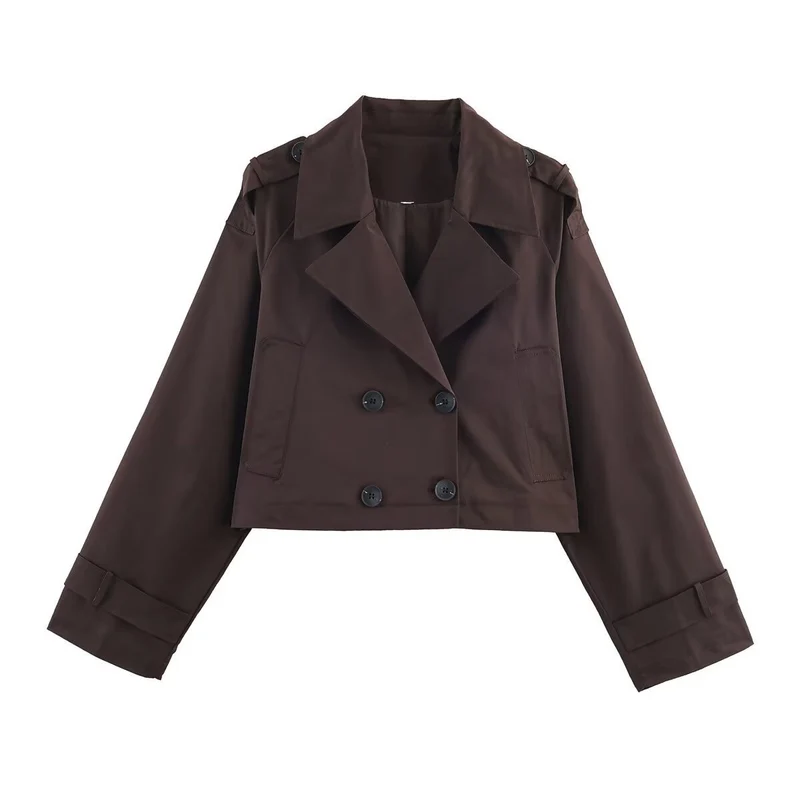 Damen Cropped Doppelreiher-Trenchjacke mit weitem Revers, Epauletten und boxy Schnitt Nord Taschen