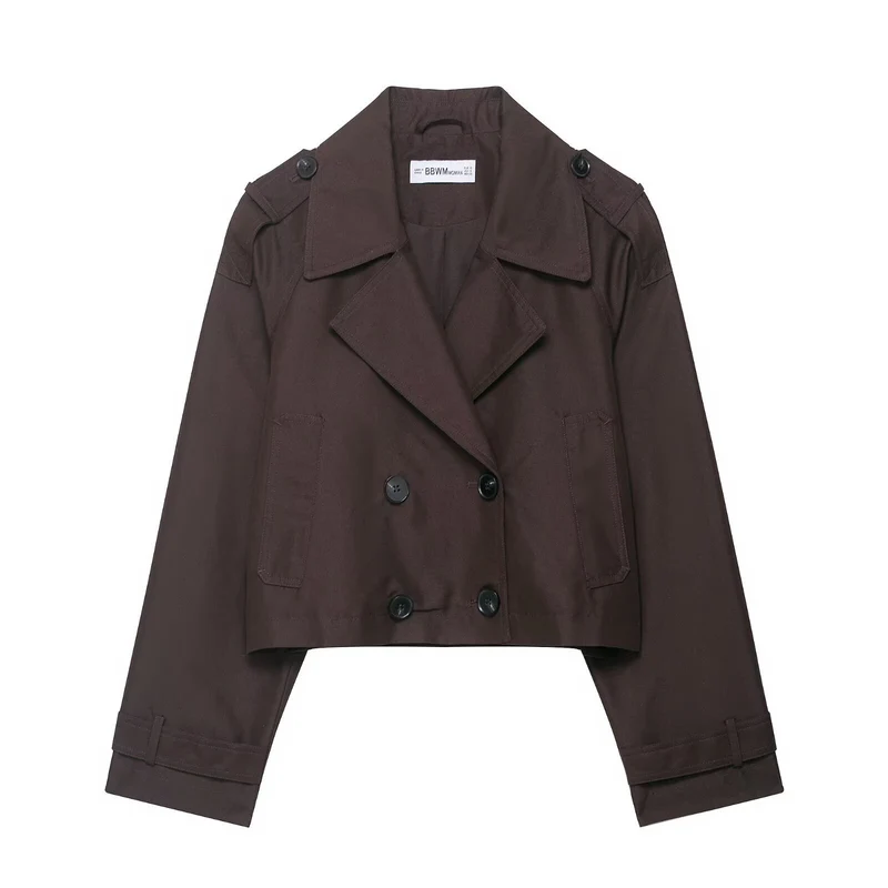Damen Cropped Doppelreiher-Trenchjacke mit Epauletten, weiten Revers und verstellbaren Ärmelriegeln Nord Taschen