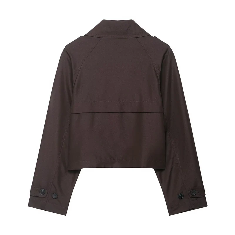 Damen Cropped Doppelreiher-Trenchjacke mit Epauletten, weiten Revers und verstellbaren Ärmelriegeln Nord Taschen
