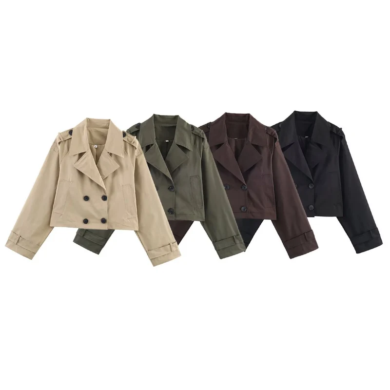 Damen Cropped Doppelreiher-Trenchjacke mit Epauletten, weiten Revers und verstellbaren Ärmelriegeln Nord Taschen