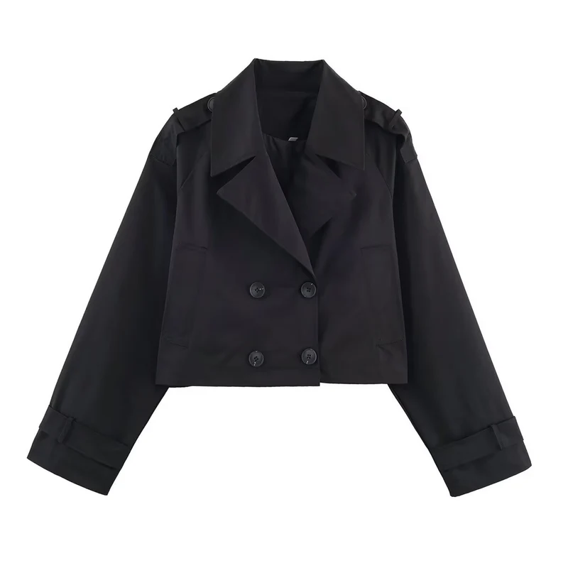 Damen Cropped Doppelreiher-Trenchjacke mit Epauletten, weiten Revers und verstellbaren Ärmelriegeln Nord Taschen