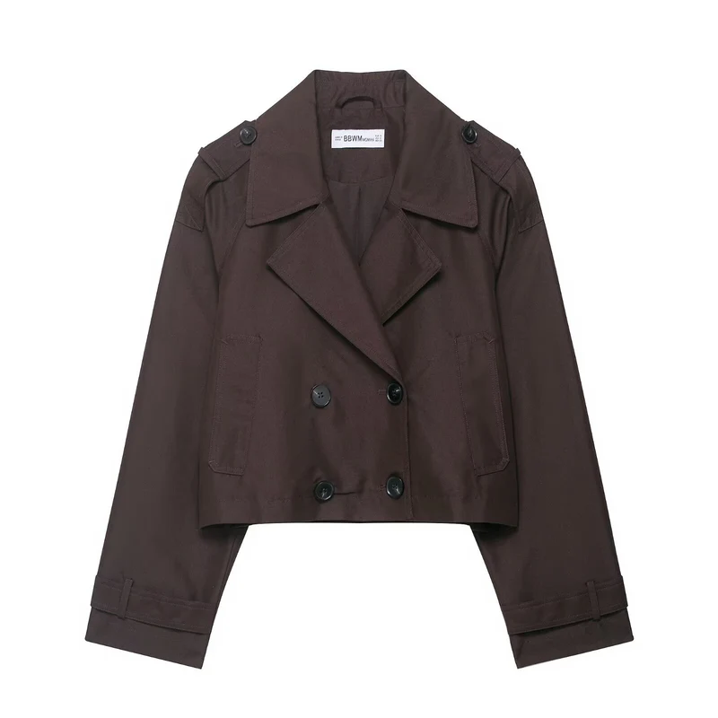 Damen Cropped Doppelreiher-Trenchjacke mit Epauletten, weiten Revers und verstellbaren Ärmelriegeln Nord Taschen