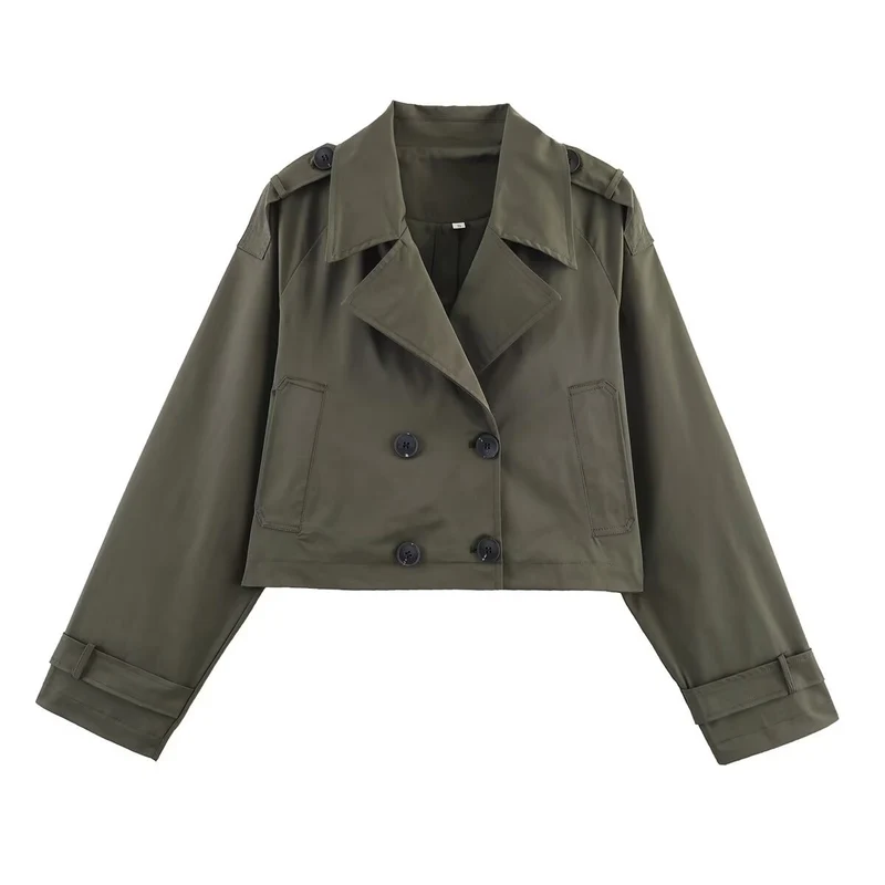 Damen Cropped Doppelreiher-Trenchjacke mit Epauletten, weiten Revers und verstellbaren Ärmelriegeln Nord Taschen