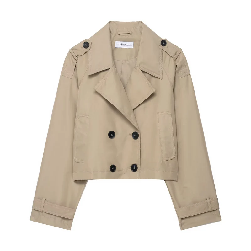 Damen Cropped Doppelreiher-Trenchjacke mit Epauletten, weiten Revers und verstellbaren Ärmelriegeln Nord Taschen