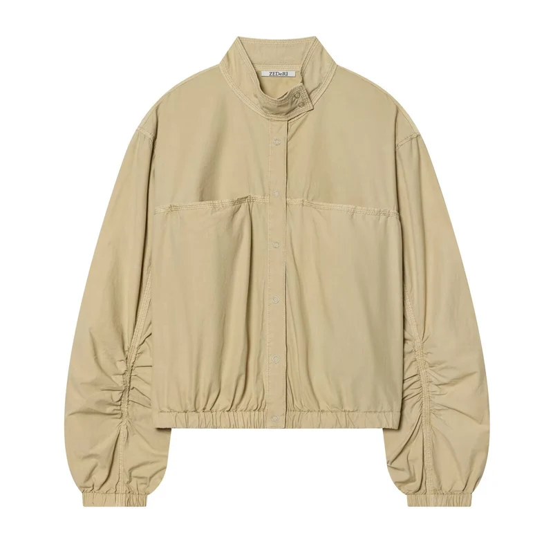 Damen Cropped Bomberjacke mit Stehkragen, Druckknopfleiste und gerafften Ärmeln Nord Taschen