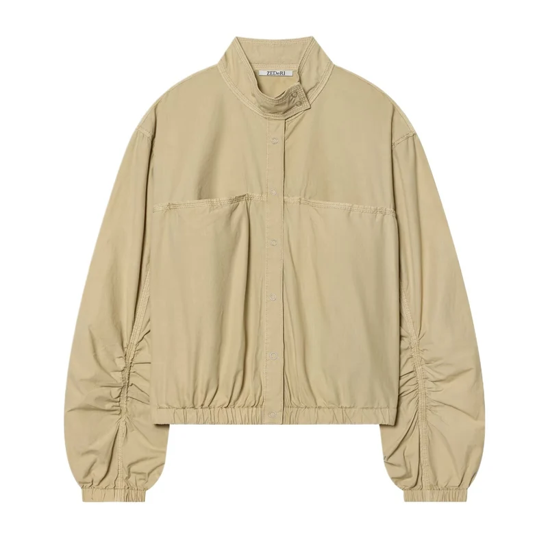 Damen Cropped Bomberjacke mit Stehkragen, Druckknopfleiste und gerafften Ärmeln Nord Taschen