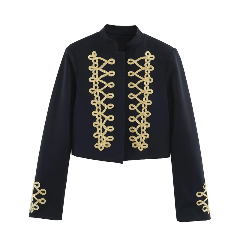 Damen Cropped-Bolerojacke mit hohem Stehkragen und dekorativer Galonborte Nord Taschen