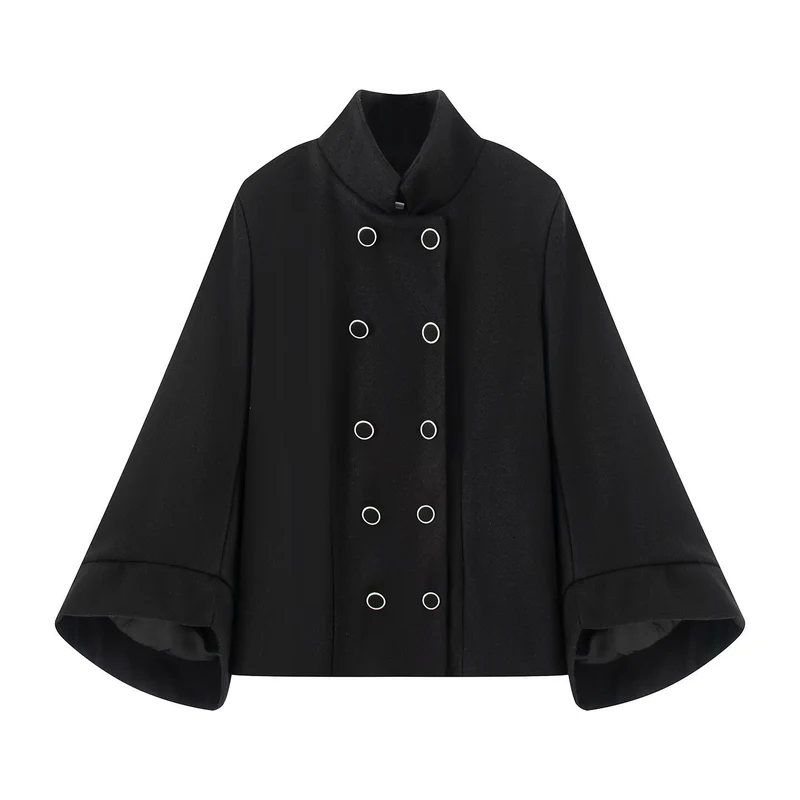 Damen Kurzjacke im Doppelreiher mit Stehkragen, taillierter Silhouette und Glockenärmeln Nord Taschen