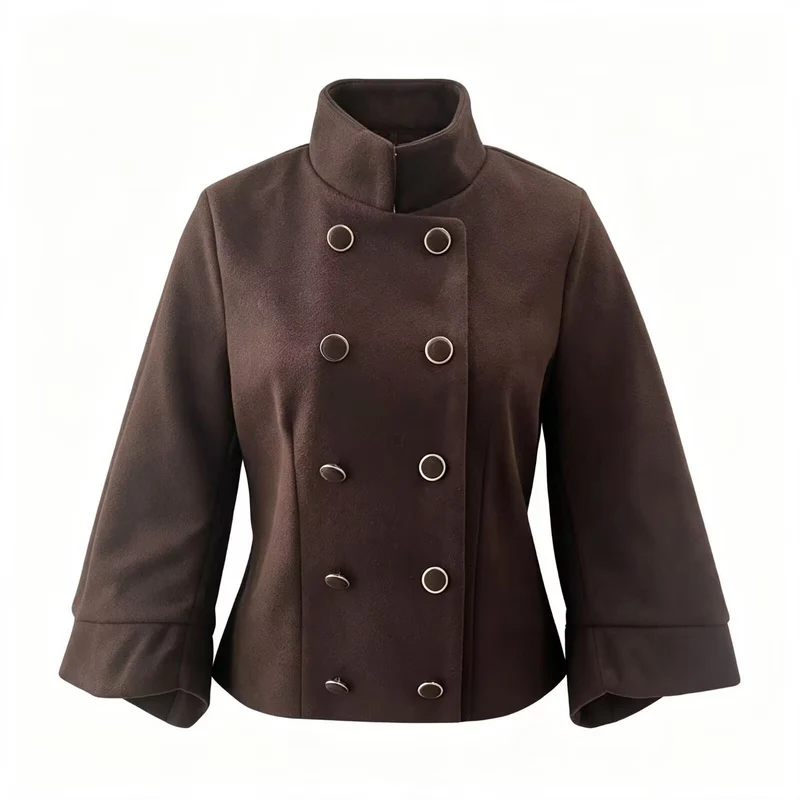 Damen Kurzjacke im Doppelreiher mit Stehkragen, taillierter Silhouette und Glockenärmeln Nord Taschen