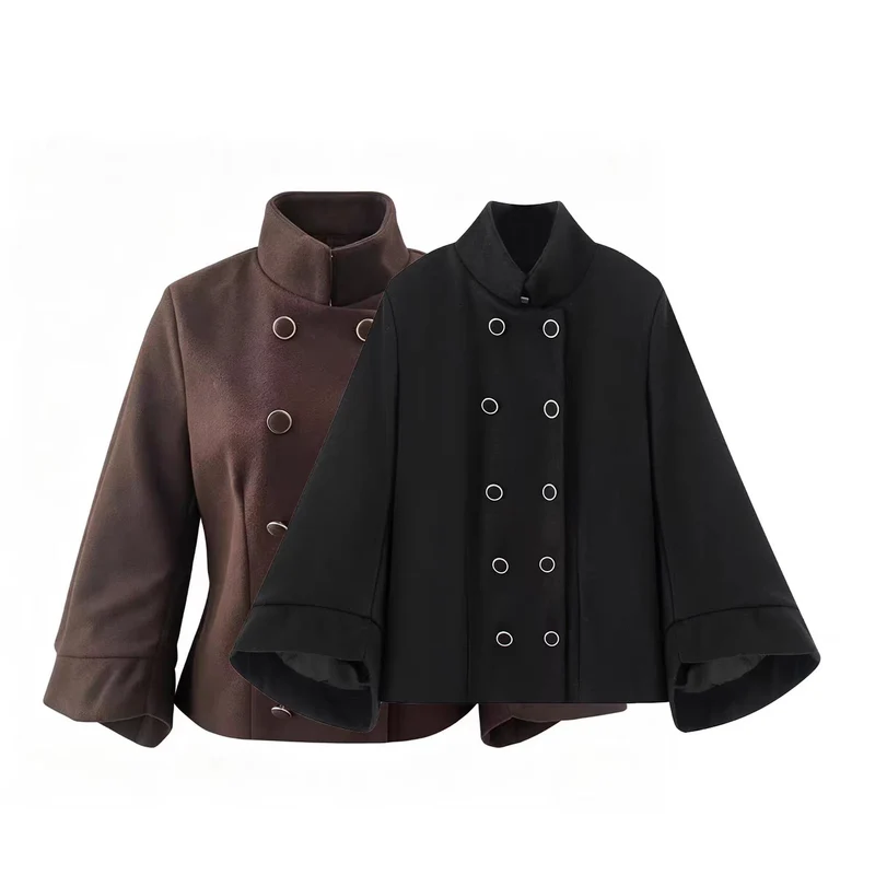 Damen Kurzjacke im Doppelreiher mit Stehkragen, taillierter Silhouette und Glockenärmeln Nord Taschen