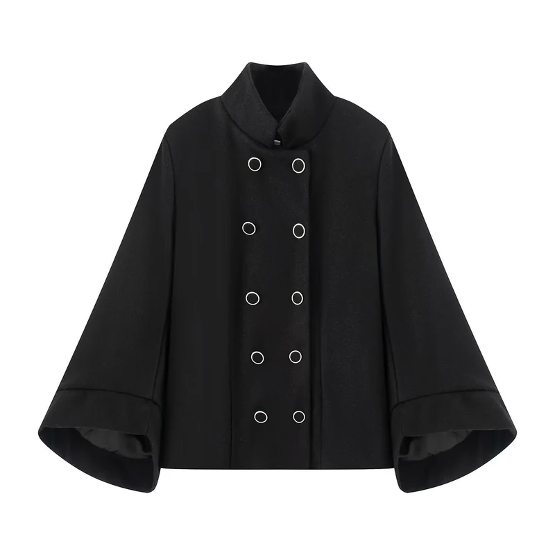 Damen Kurzjacke im Doppelreiher mit Stehkragen, taillierter Silhouette und Glockenärmeln Nord Taschen