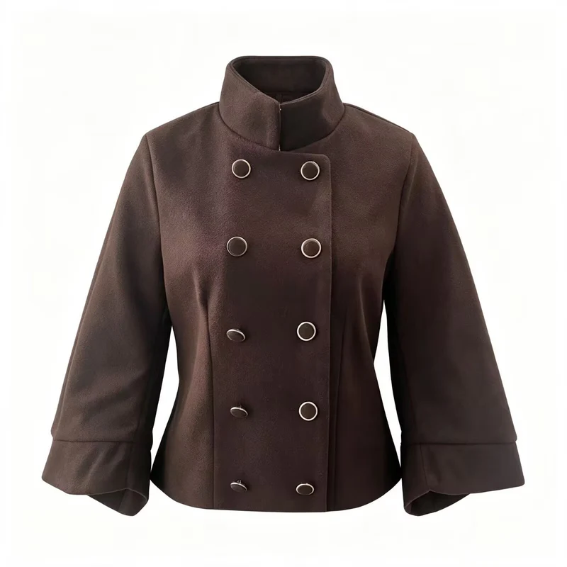 Damen Kurzjacke im Doppelreiher mit Stehkragen, taillierter Silhouette und Glockenärmeln Nord Taschen