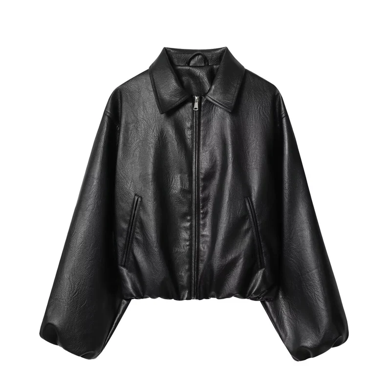 Damen Kurzjacke im Boxy‑Look aus veganem Leder mit verdecktem Reißverschluss Nord Taschen