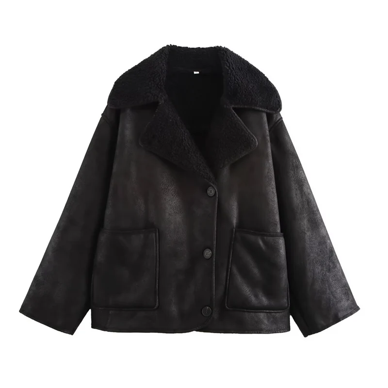 Damen Kurzjacke im Boxy Cut aus Veloursimitat mit Teddyfutter und großen Pattentaschen Nord Taschen