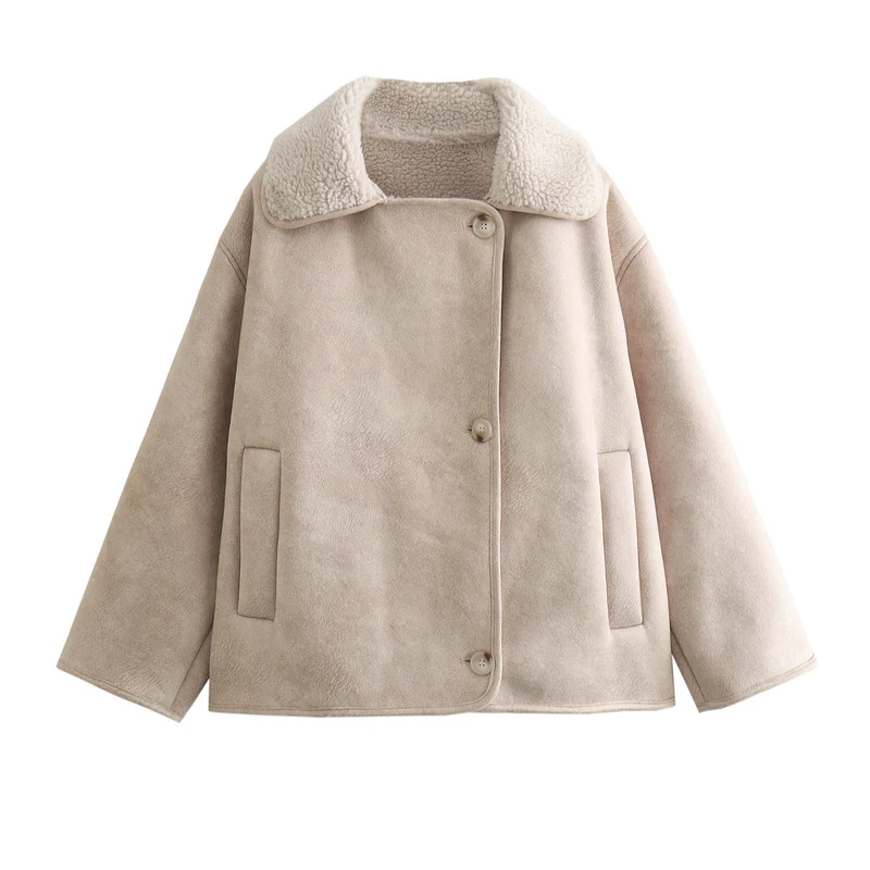 Damen Kurzjacke im Boxy Cut aus Veloursimitat mit Teddyfutter und großen Pattentaschen Nord Taschen