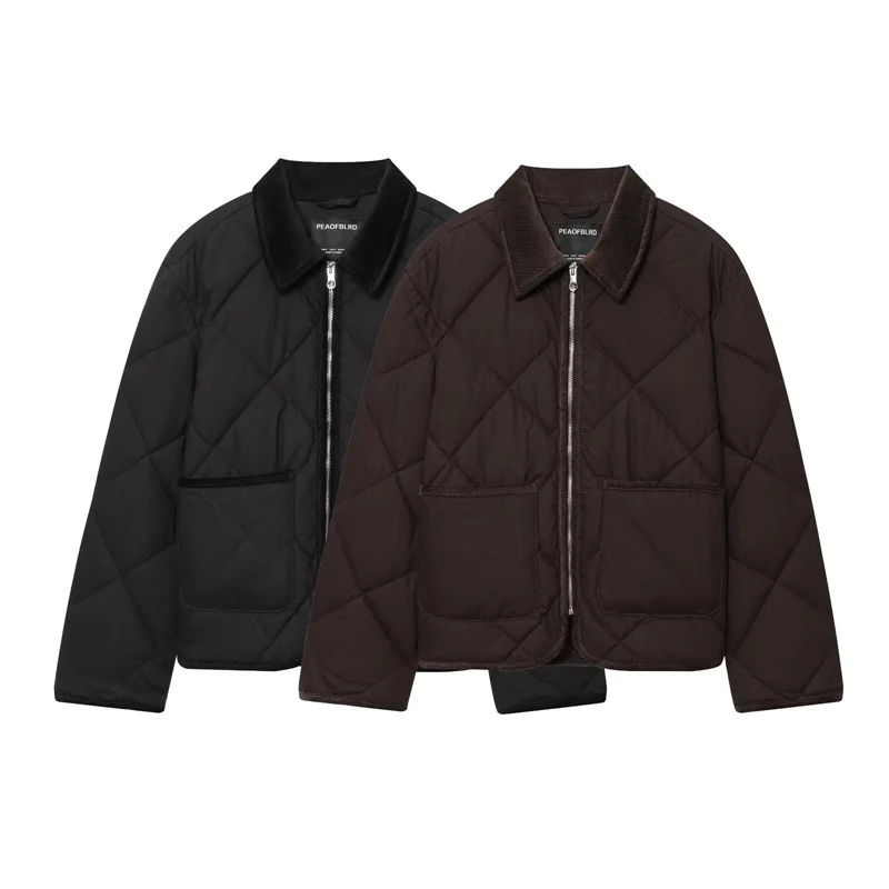 Damen Kurzjacke gesteppter Quilt‑Bomber mit Cordkragen, Frontreißverschluss und aufgesetzten Taschen Nord Taschen