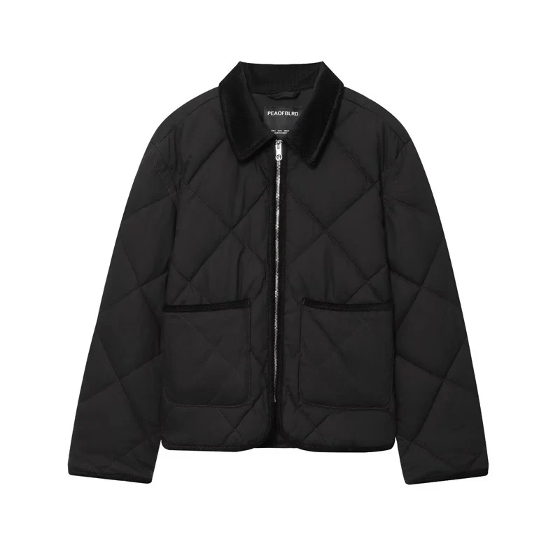 Damen Kurzjacke gesteppter Quilt‑Bomber mit Cordkragen, Frontreißverschluss und aufgesetzten Taschen Nord Taschen