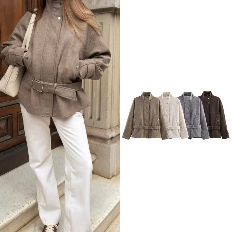 Damen Kurzjacke aus Wollmix mit Taillengürtel, Stehkragen und Pattentaschen Nord Taschen