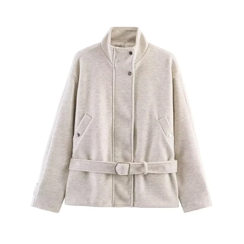 Damen Kurzjacke aus Wollmix mit Taillengürtel, Stehkragen und Pattentaschen Nord Taschen